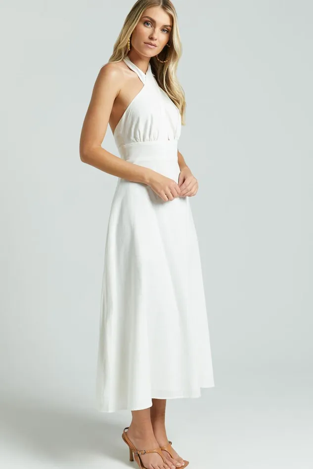 Amalie The Label 8211 Freesia Linen Blend Halter Tie Neck Midi Dress In White Women Showpo Dresses