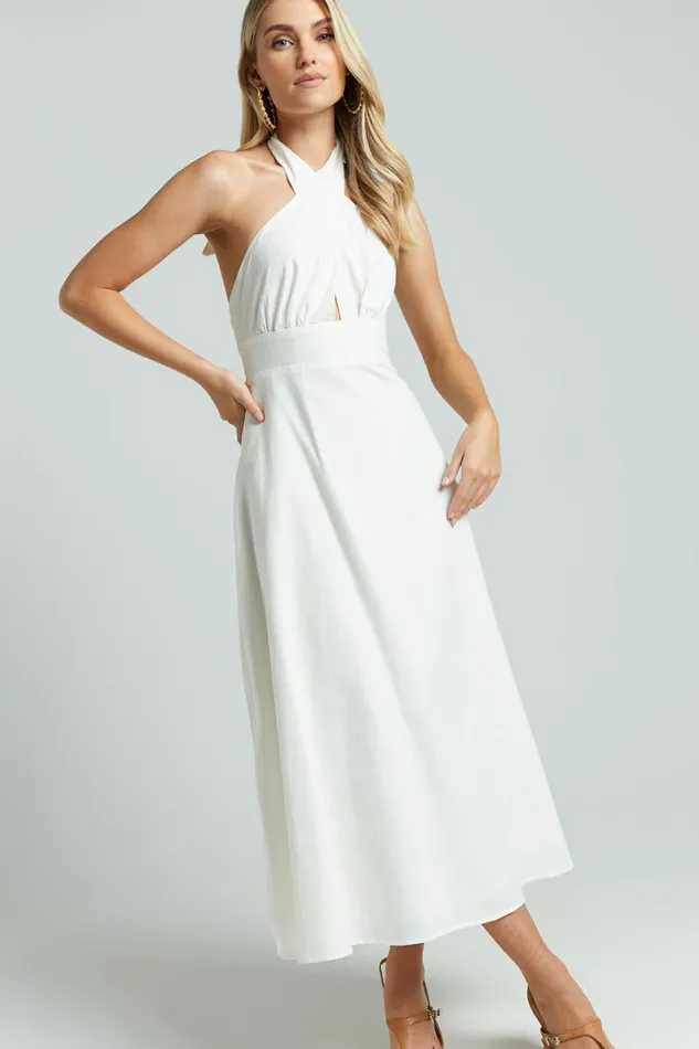 Amalie The Label 8211 Freesia Linen Blend Halter Tie Neck Midi Dress In White Women Showpo Dresses