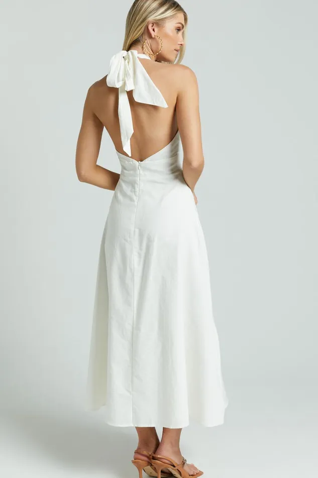Amalie The Label 8211 Freesia Linen Blend Halter Tie Neck Midi Dress In White Women Showpo Dresses