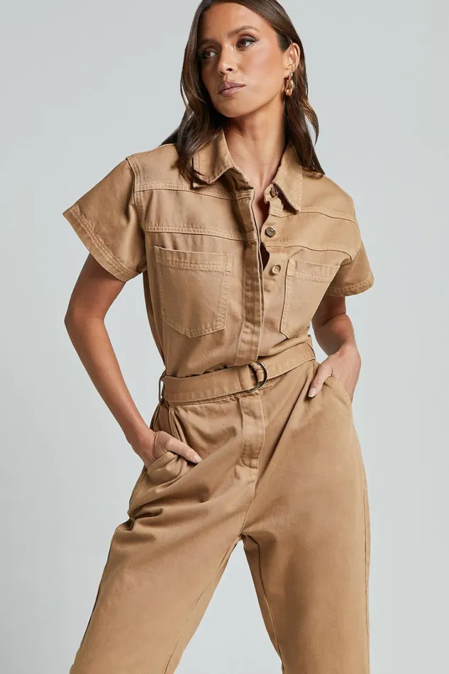 Amalie The Label 8211 Havanah Recycled Cotton Denim Boiler Jumpsuit In Tobacco Women Showpo Jumpsuits