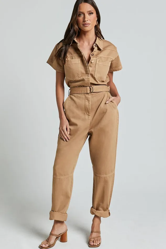 Amalie The Label 8211 Havanah Recycled Cotton Denim Boiler Jumpsuit In Tobacco Women Showpo Jumpsuits