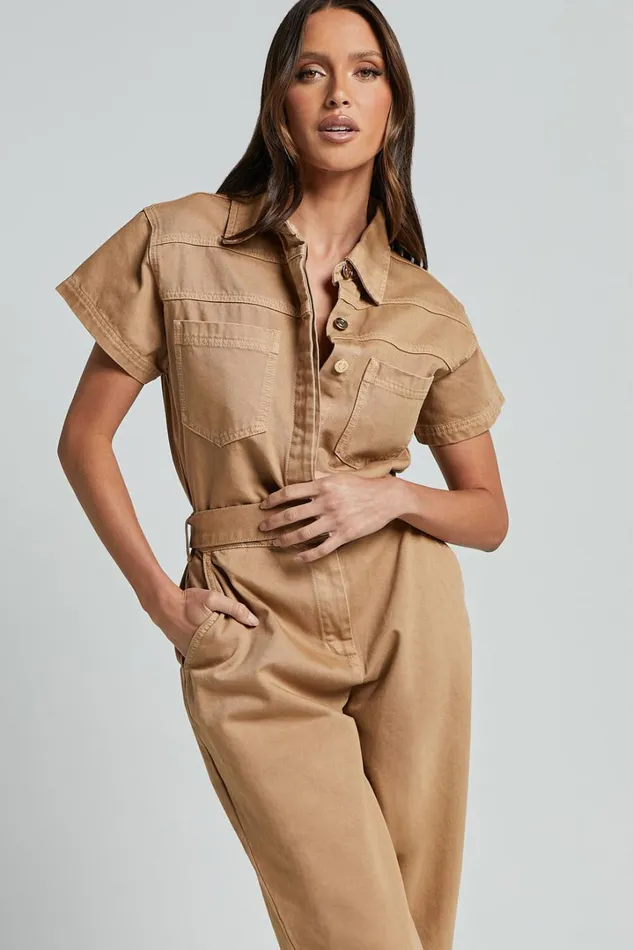 Amalie The Label 8211 Havanah Recycled Cotton Denim Boiler Jumpsuit In Tobacco Women Showpo Jumpsuits