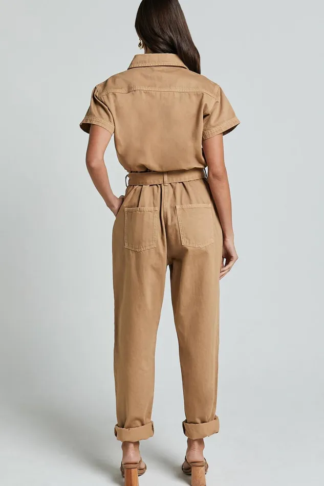 Amalie The Label 8211 Havanah Recycled Cotton Denim Boiler Jumpsuit In Tobacco Women Showpo Jumpsuits