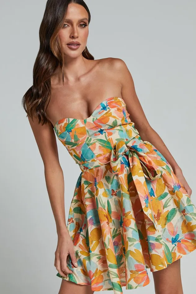 Amalie The Label 8211 Jaida Linen Blend Strapless Mini Dress In Manhattan Print Women Showpo Dresses
