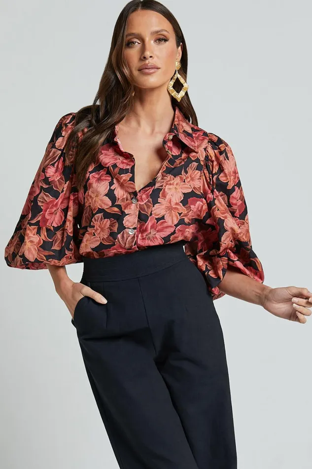 Amalie The Label 8211 Janae Linen Blend Collared Puff Sleeve Button Up Shirt In Atalie Print Women Showpo Tops