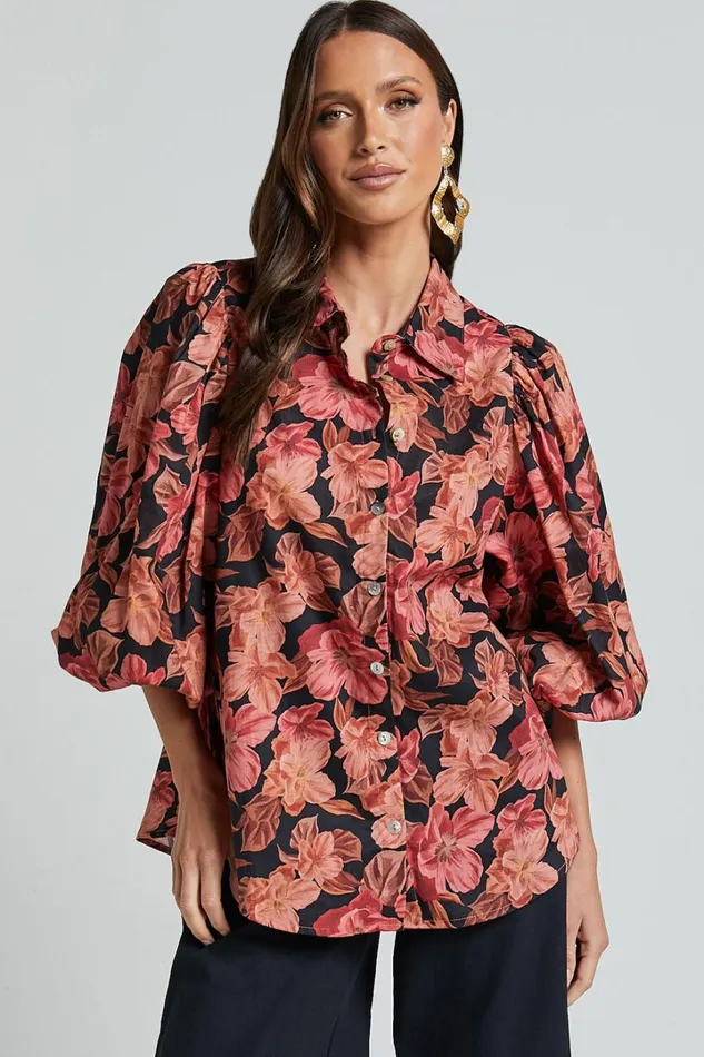 Amalie The Label 8211 Janae Linen Blend Collared Puff Sleeve Button Up Shirt In Atalie Print Women Showpo Tops