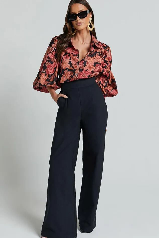 Amalie The Label 8211 Janae Linen Blend Collared Puff Sleeve Button Up Shirt In Atalie Print Women Showpo Tops