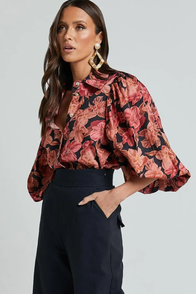 Amalie The Label 8211 Janae Linen Blend Collared Puff Sleeve Button Up Shirt In Atalie Print Women Showpo Tops