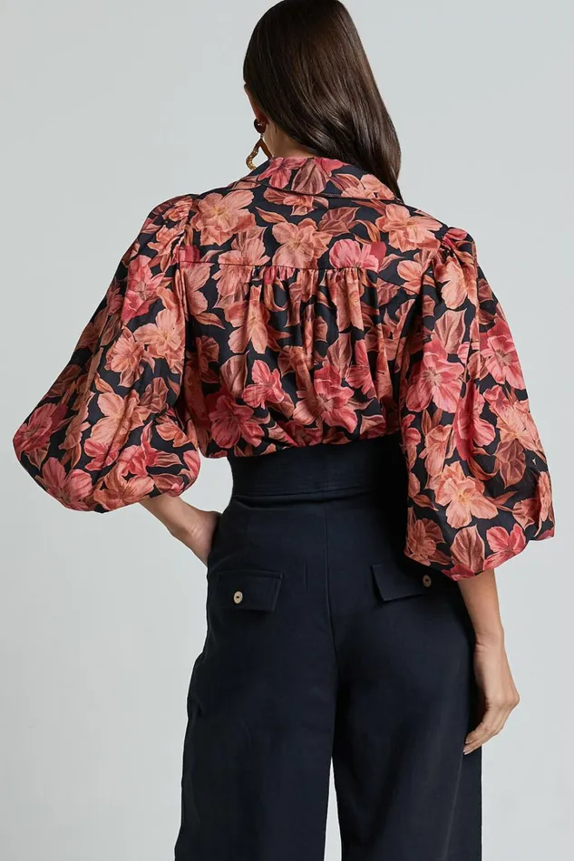 Amalie The Label 8211 Janae Linen Blend Collared Puff Sleeve Button Up Shirt In Atalie Print Women Showpo Tops