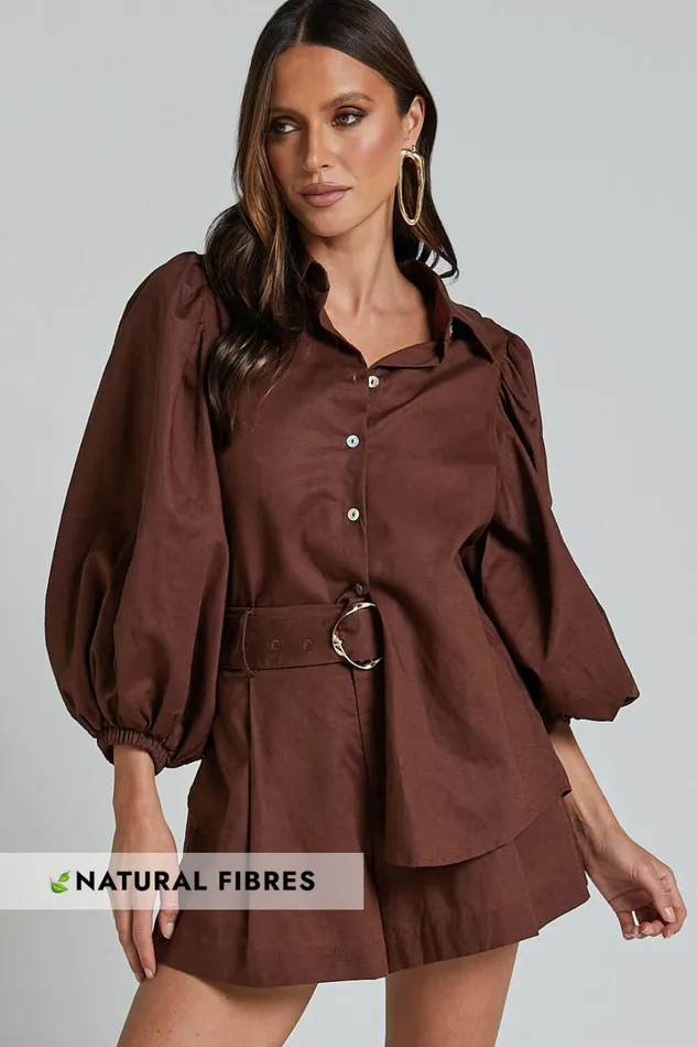 Amalie The Label 8211 Janae Linen Blend Collared Puff Sleeve Button Up Shirt In Chocolate Women Showpo Tops Amalie The Label 8211 Janae Linen Blend Collared Puff Sleeve Button Up Shirt In Chocolate Women Showpo Tops