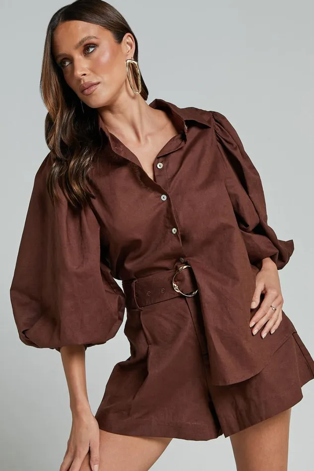 Amalie The Label 8211 Janae Linen Blend Collared Puff Sleeve Button Up Shirt In Chocolate Women Showpo Tops