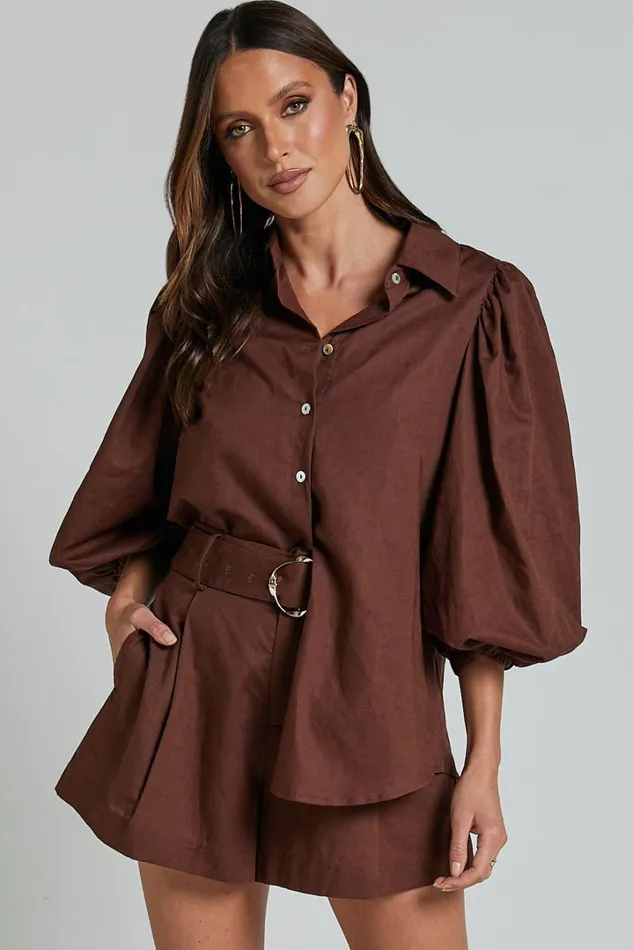 Amalie The Label 8211 Janae Linen Blend Collared Puff Sleeve Button Up Shirt In Chocolate Women Showpo Tops