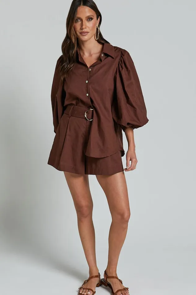 Amalie The Label 8211 Janae Linen Blend Collared Puff Sleeve Button Up Shirt In Chocolate Women Showpo Tops