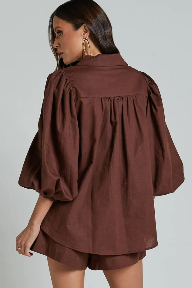 Amalie The Label 8211 Janae Linen Blend Collared Puff Sleeve Button Up Shirt In Chocolate Women Showpo Tops