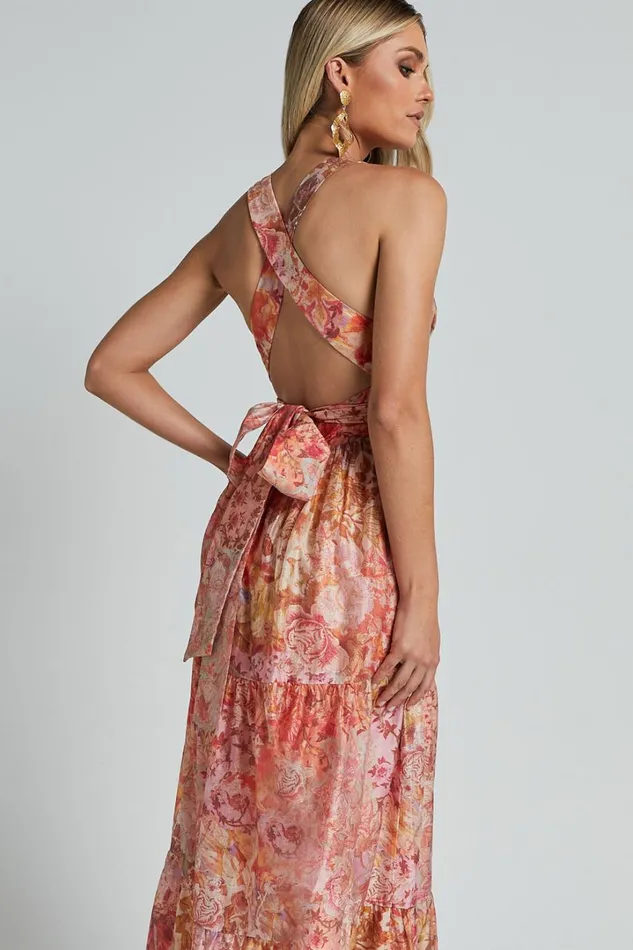 Amalie The Label 8211 Monte Plunge Neck Tie Back Tiered Maxi Dress In Morocco Print Women Showpo Conscious