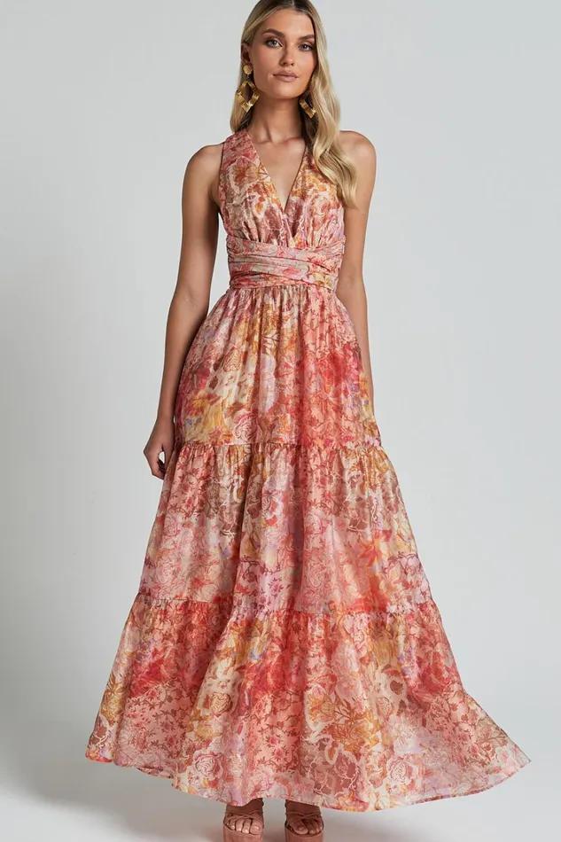 Amalie The Label 8211 Monte Plunge Neck Tie Back Tiered Maxi Dress In Morocco Print Women Showpo Conscious