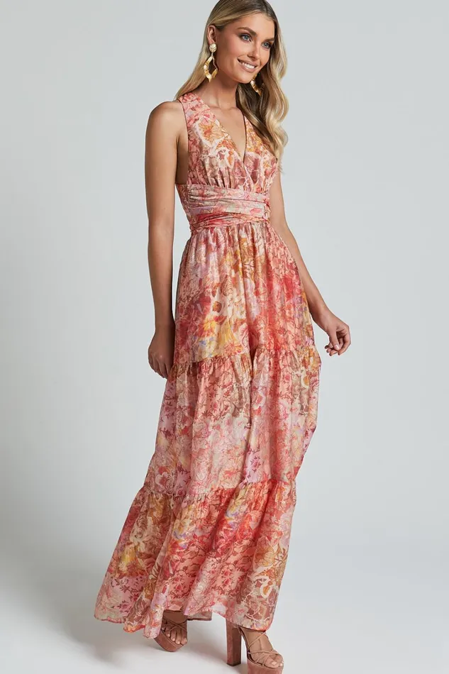 Amalie The Label 8211 Monte Plunge Neck Tie Back Tiered Maxi Dress In Morocco Print Women Showpo Conscious