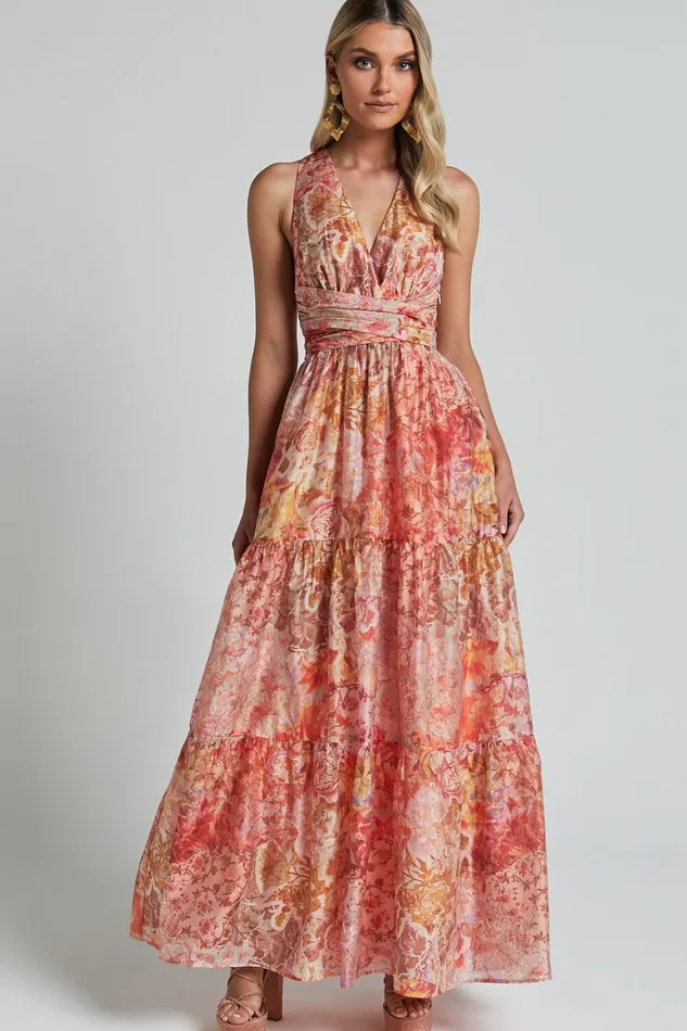 Amalie The Label 8211 Monte Plunge Neck Tie Back Tiered Maxi Dress In Morocco Print Women Showpo Conscious