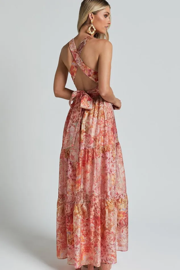 Amalie The Label 8211 Monte Plunge Neck Tie Back Tiered Maxi Dress In Morocco Print Women Showpo Conscious
