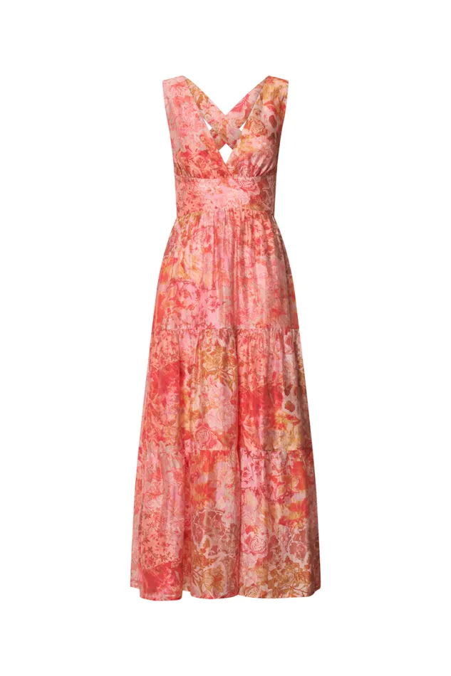 Amalie The Label 8211 Monte Plunge Neck Tie Back Tiered Maxi Dress In Morocco Print Women Showpo Conscious