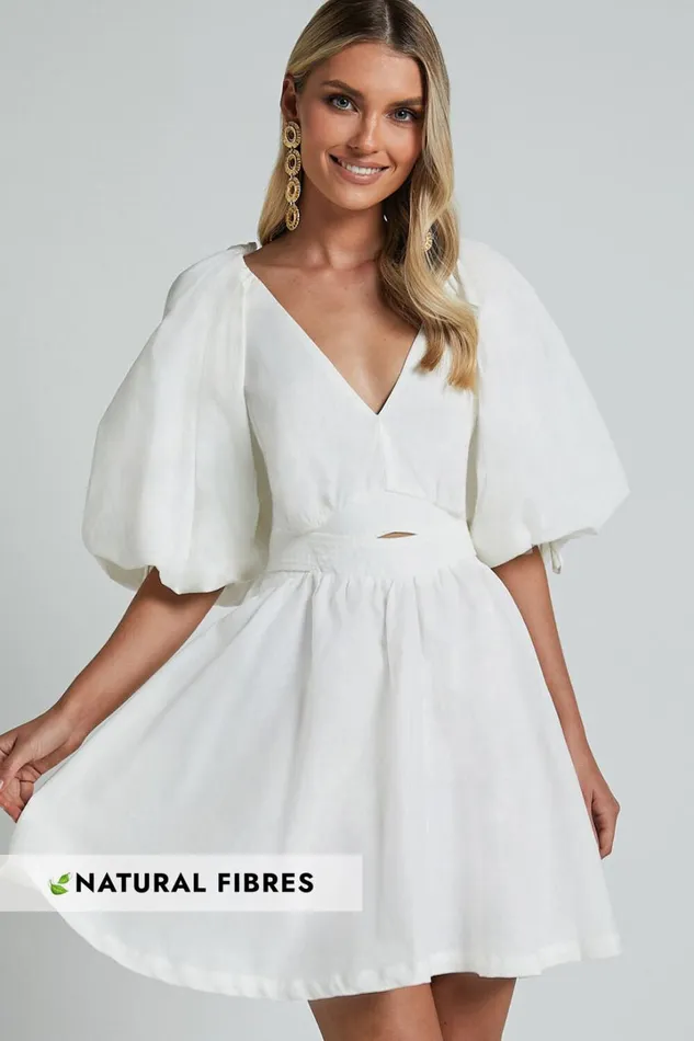 Amalie The Label 8211 Movida Linen Blend Balloon Sleeve Crossover Band Mini Dress In White Women Showpo Dresses Amalie The Label 8211 Movida Linen Blend Balloon Sleeve Crossover Band Mini Dress In White Women Showpo Dresses