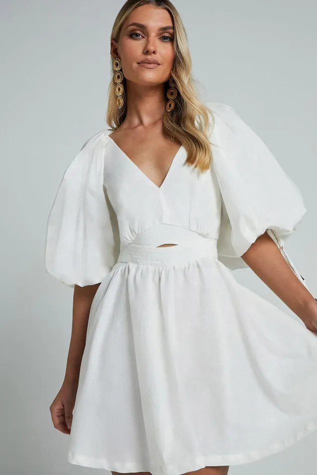 Amalie The Label 8211 Movida Linen Blend Balloon Sleeve Crossover Band Mini Dress In White Women Showpo Dresses