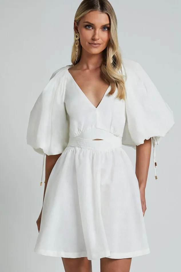 Amalie The Label 8211 Movida Linen Blend Balloon Sleeve Crossover Band Mini Dress In White Women Showpo Dresses