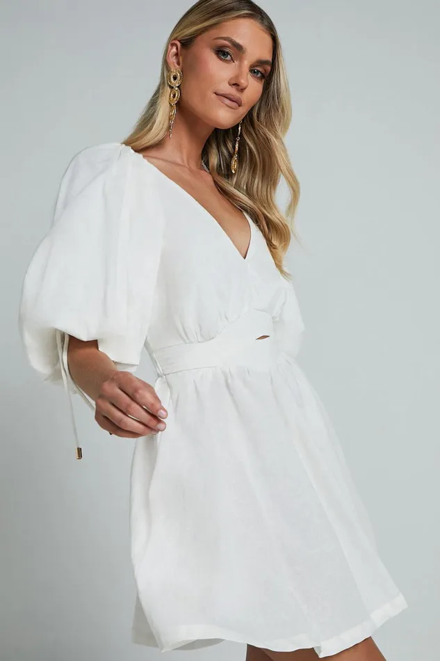 Amalie The Label 8211 Movida Linen Blend Balloon Sleeve Crossover Band Mini Dress In White Women Showpo Dresses