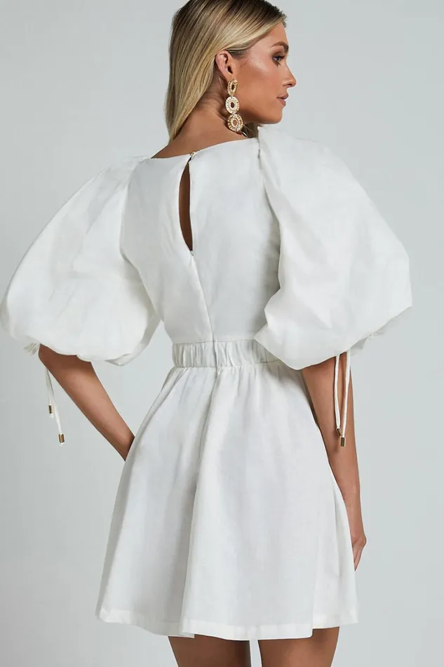 Amalie The Label 8211 Movida Linen Blend Balloon Sleeve Crossover Band Mini Dress In White Women Showpo Dresses