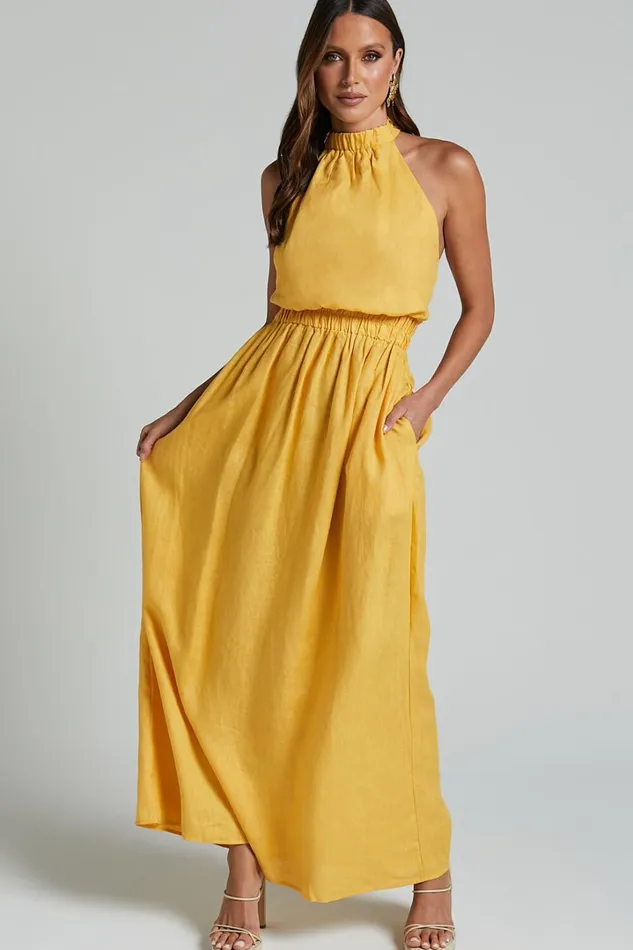 Amalie The Label 8211 Shepard Linen Blend Halter Neck Maxi Dress In Yellow Women Showpo Dresses