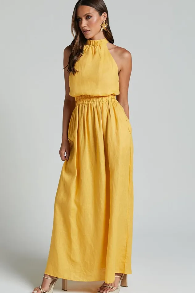Amalie The Label 8211 Shepard Linen Blend Halter Neck Maxi Dress In Yellow Women Showpo Dresses
