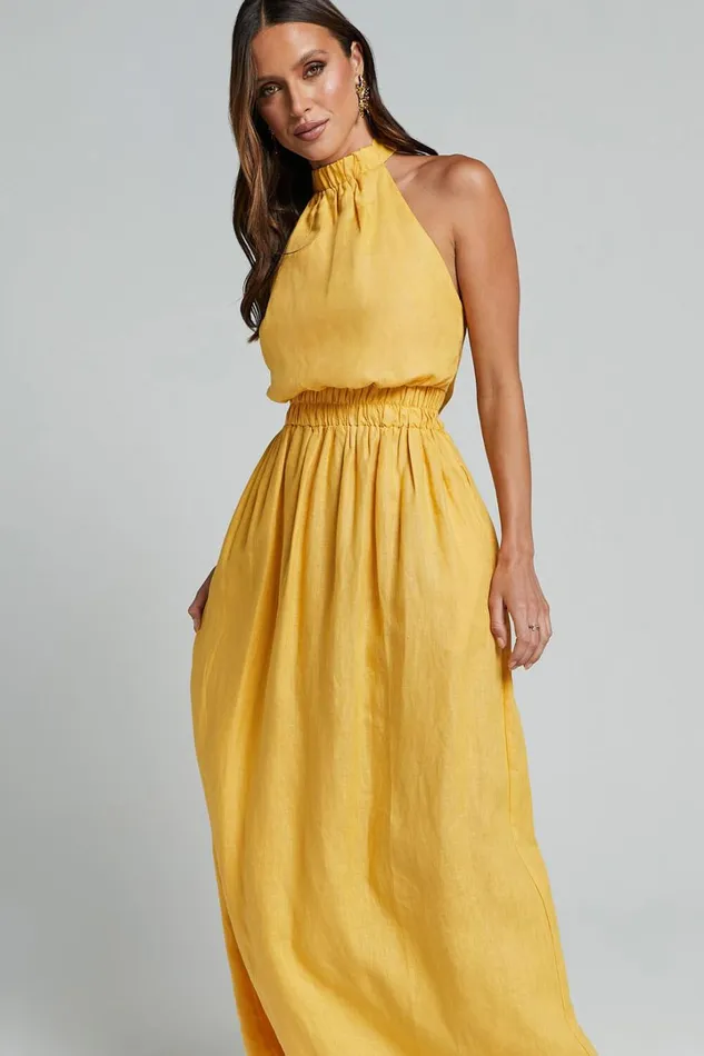 Amalie The Label 8211 Shepard Linen Blend Halter Neck Maxi Dress In Yellow Women Showpo Dresses