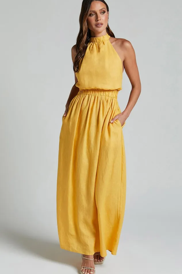 Amalie The Label 8211 Shepard Linen Blend Halter Neck Maxi Dress In Yellow Women Showpo Dresses