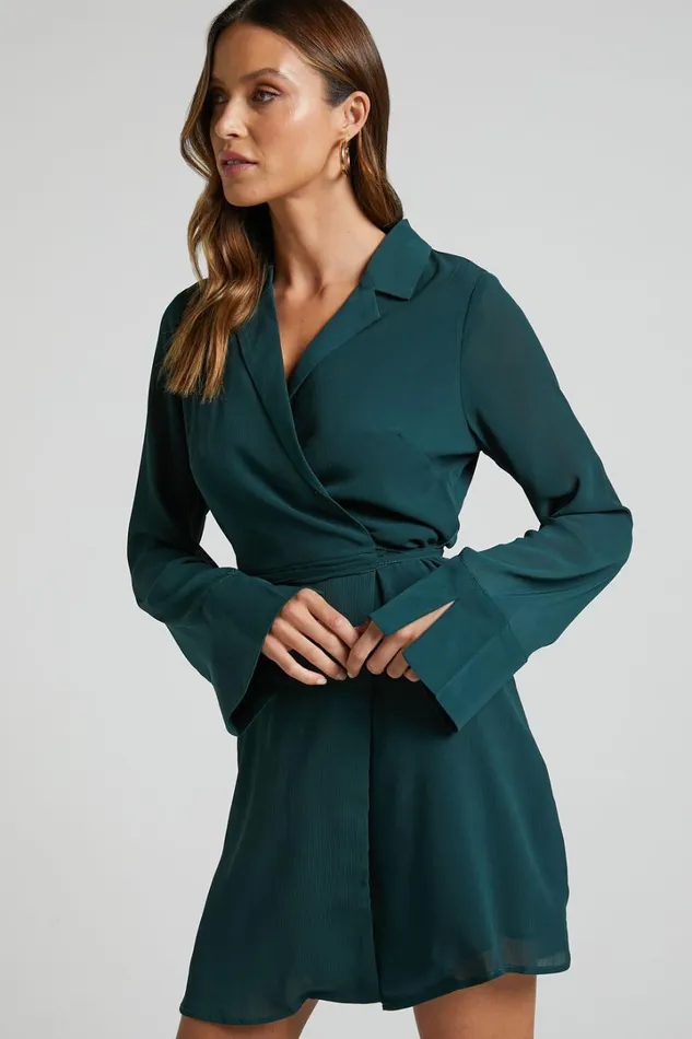 Amelle Mini Dress 8211 Collared Long Sleeve Wrap Dress In Emerald Women Showpo Dresses