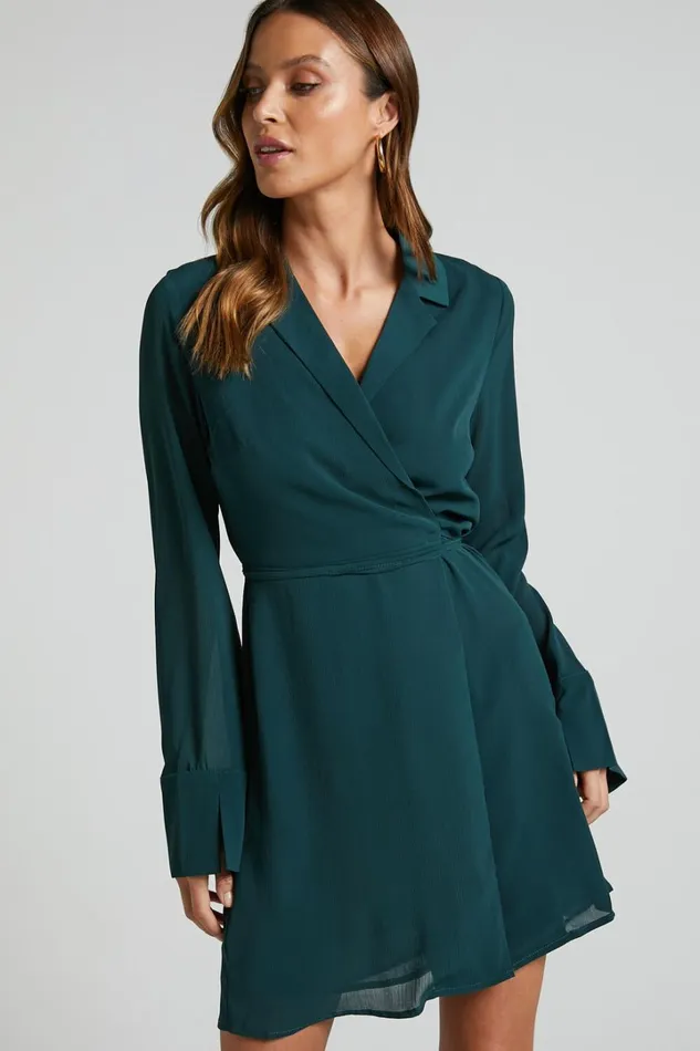 Amelle Mini Dress 8211 Collared Long Sleeve Wrap Dress In Emerald Women Showpo Dresses
