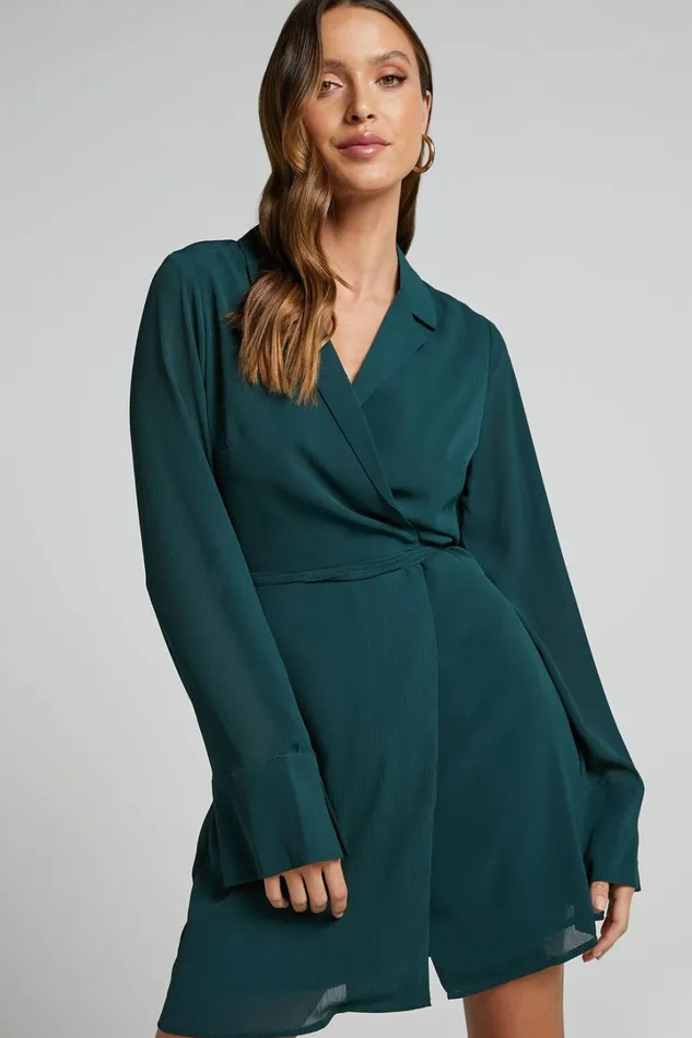 Amelle Mini Dress 8211 Collared Long Sleeve Wrap Dress In Emerald Women Showpo Dresses