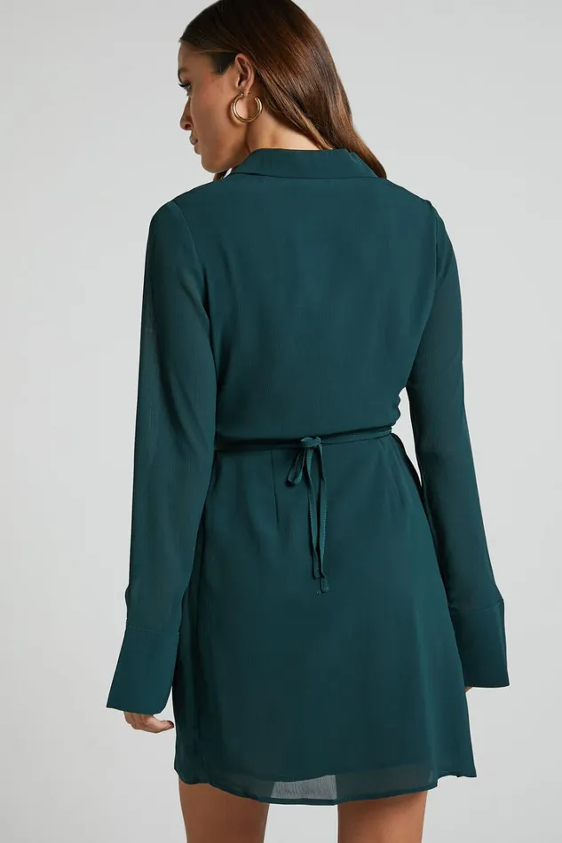 Amelle Mini Dress 8211 Collared Long Sleeve Wrap Dress In Emerald Women Showpo Dresses