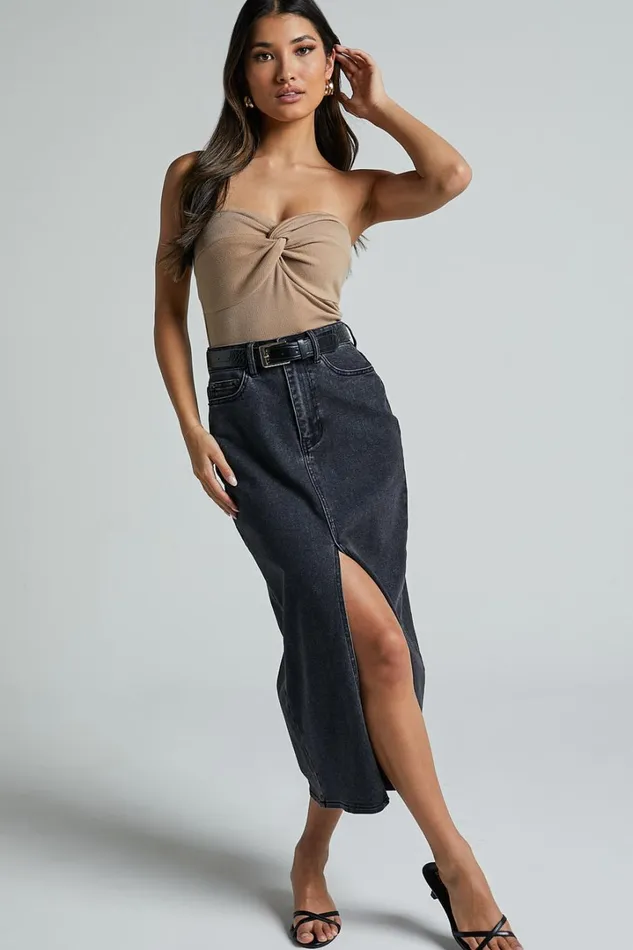 Anaya Midi Skirt 8211 Denim Skirt In Washed Black Women Showpo Curve Clothes