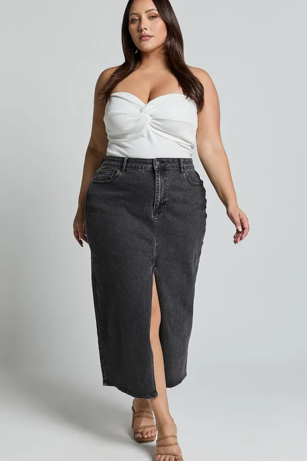 Anaya Midi Skirt 8211 Denim Skirt In Washed Black Women Showpo Curve Clothes
