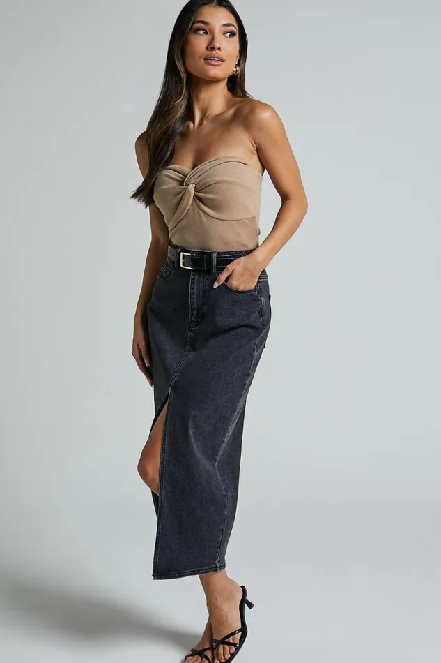 Anaya Midi Skirt 8211 Denim Skirt In Washed Black Women Showpo Curve Clothes