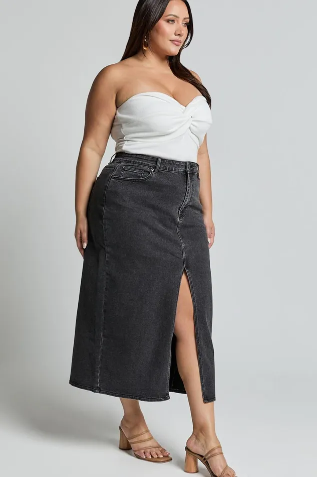 Anaya Midi Skirt 8211 Denim Skirt In Washed Black Women Showpo Curve Clothes