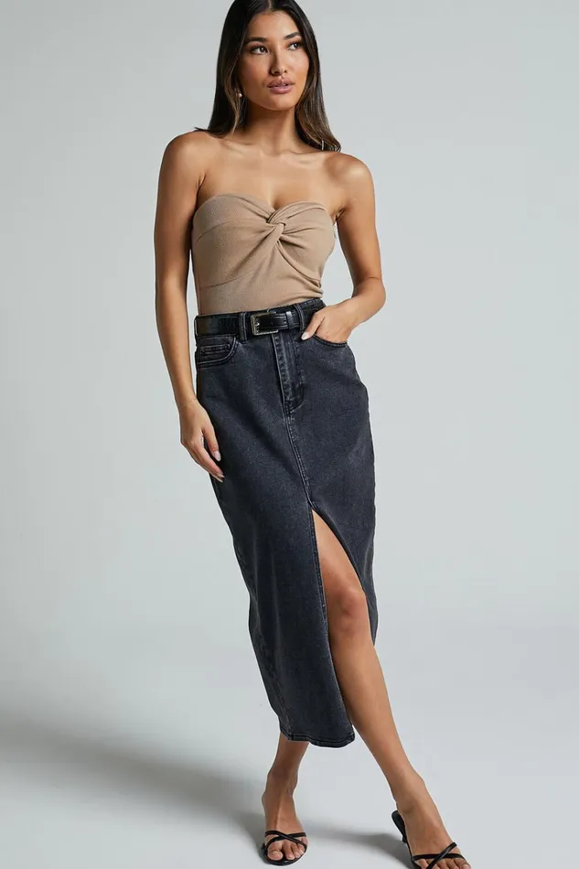 Anaya Midi Skirt 8211 Denim Skirt In Washed Black Women Showpo Curve Clothes