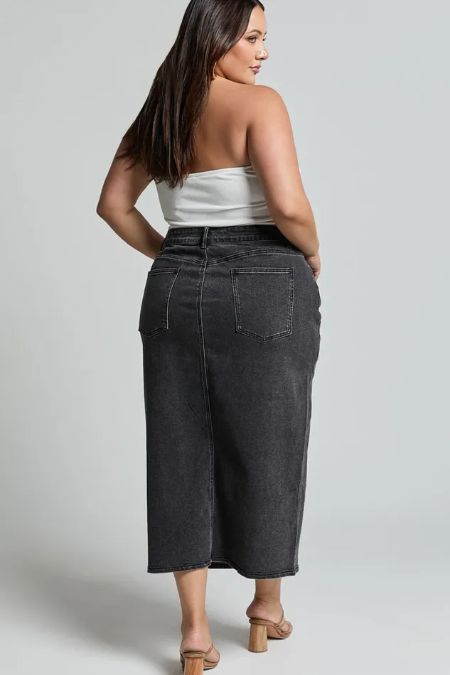 Anaya Midi Skirt 8211 Denim Skirt In Washed Black Women Showpo Curve Clothes