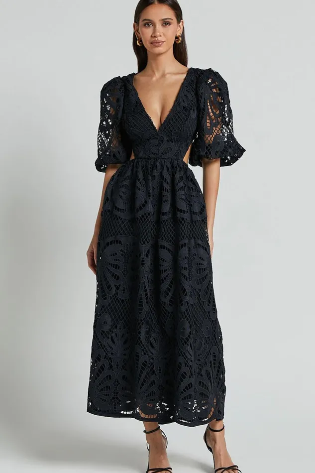 Anieshaya Midi Dress 8211 V Neck Cut Out Lace Dress In Black Women Showpo Dresses