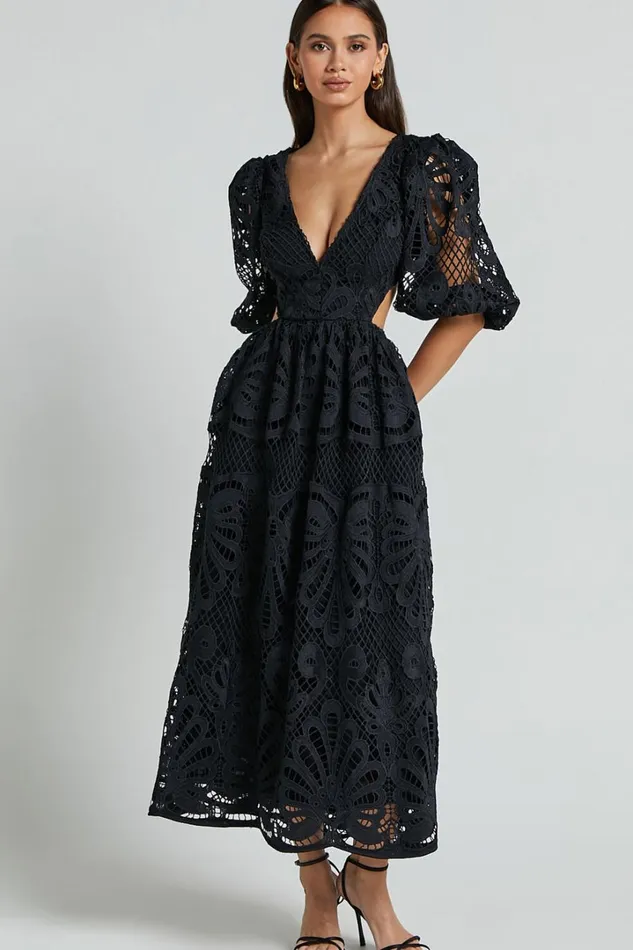 Anieshaya Midi Dress 8211 V Neck Cut Out Lace Dress In Black Women Showpo Dresses