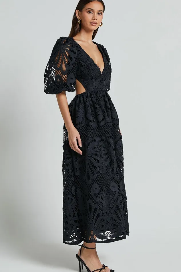 Anieshaya Midi Dress 8211 V Neck Cut Out Lace Dress In Black Women Showpo Dresses