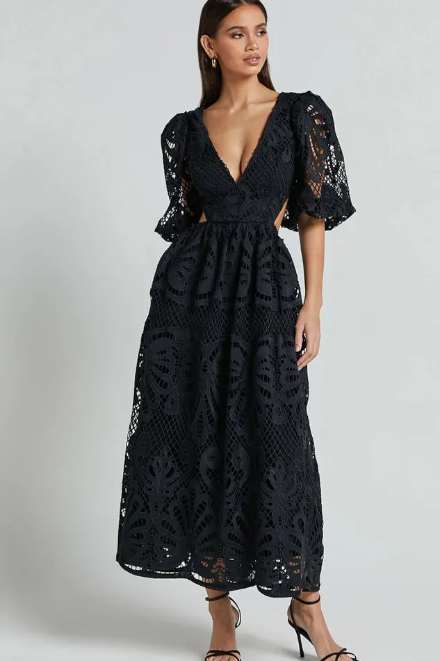 Anieshaya Midi Dress 8211 V Neck Cut Out Lace Dress In Black Women Showpo Dresses