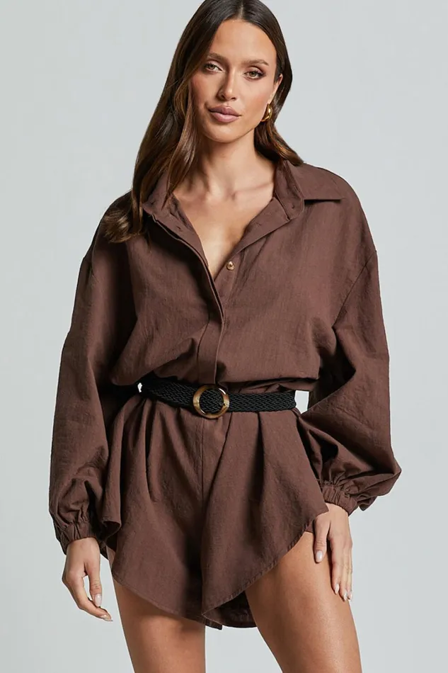 Anka Playsuit 8211 Relaxed Button Front Shirt Playsuit In Chocolate Women Showpo Rompers Anka Playsuit 8211 Relaxed Button Front Shirt Playsuit In Chocolate Women Showpo Rompers