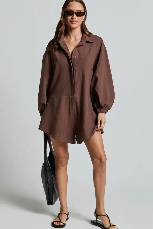Anka Playsuit 8211 Relaxed Button Front Shirt Playsuit In Chocolate Women Showpo Rompers
