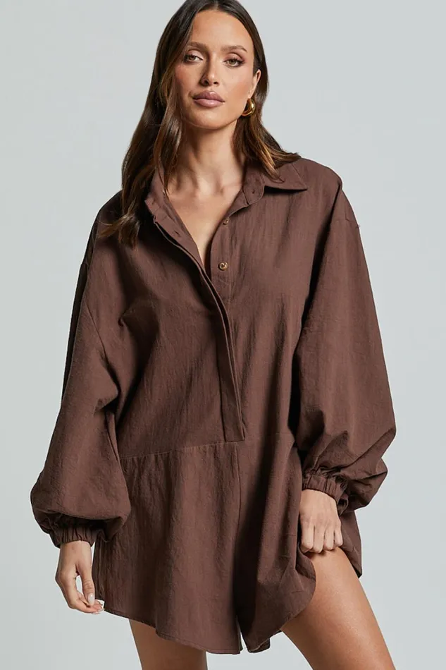 Anka Playsuit 8211 Relaxed Button Front Shirt Playsuit In Chocolate Women Showpo Rompers